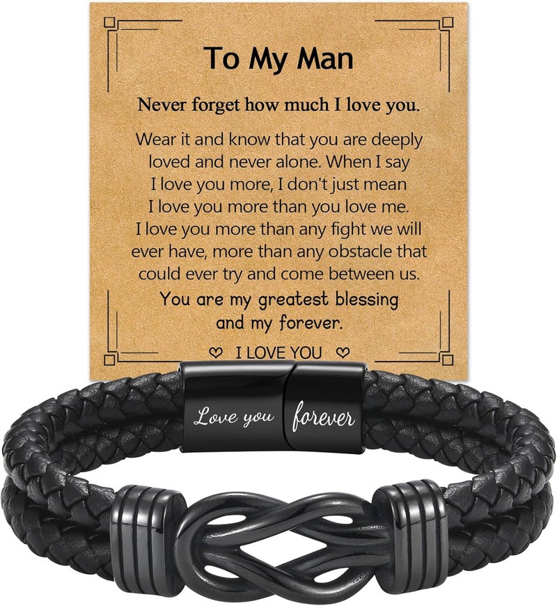 EPIRORA Gifts for Men Boys- Black Braided Leather Infinity Knot Bracelets for Son Grandson Nephew Brother Dad Husband, Jewelry Gifts for Christmas Birthday Graduation Anniversary Valentine's Day - Image 1